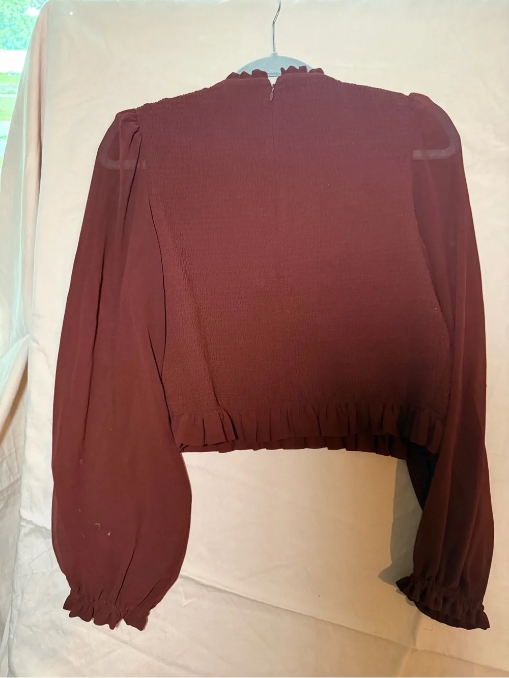 Aritzia Rust Brown Smocked Long Sleeve Ruffle Crop Top